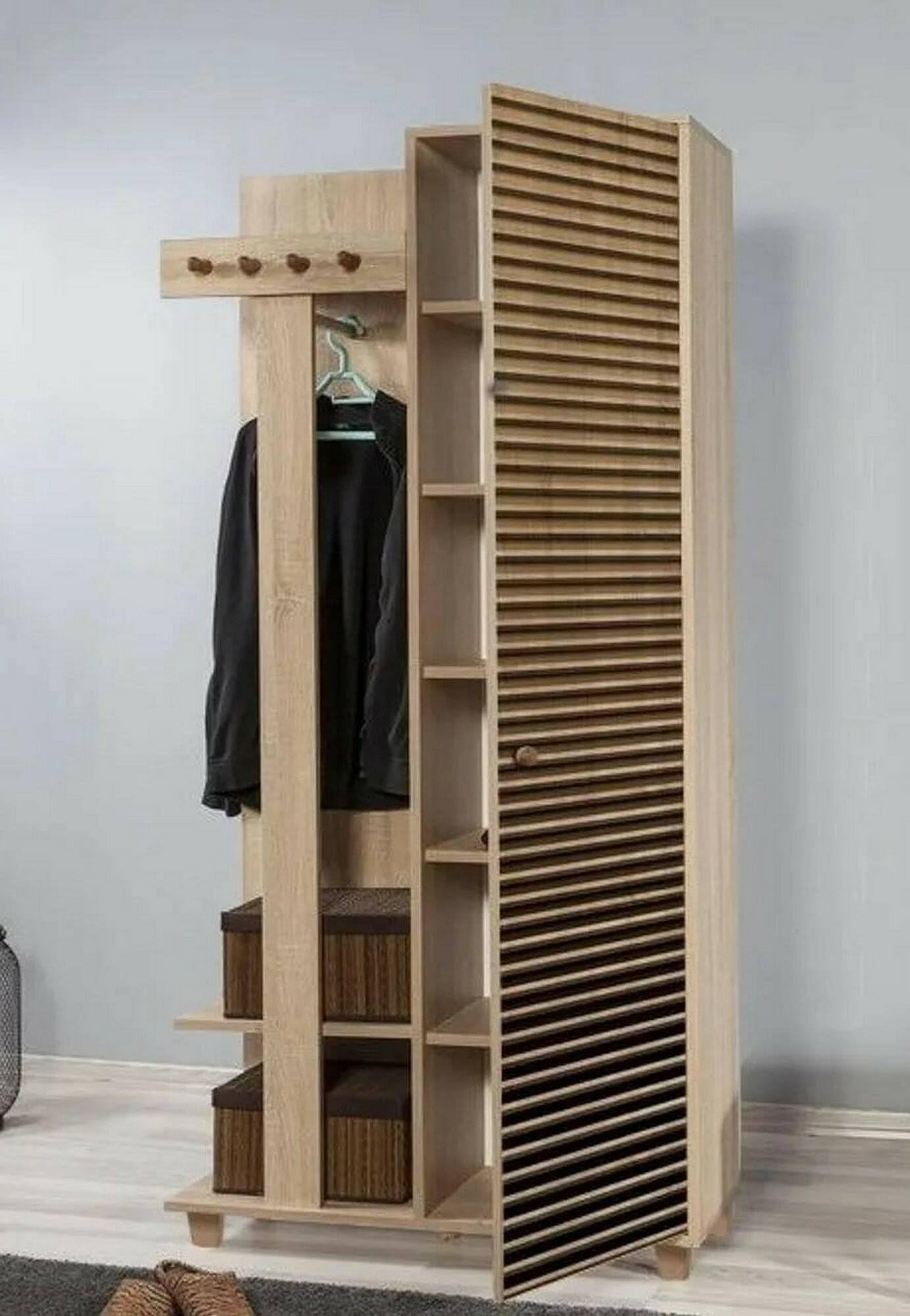Dmora - Mobile da ingresso Azhaf, Entratina appendiabiti, Composizione per atrio, Consolle portaoggetti multifunzione, 90x36h194 cm, Quercia