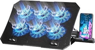 AICHESON 6-Fan Laptop Cooling Pad with Blue LED Lights for 12-15.6" Laptops, Adjustable Stand, 2 USB Ports, Portable Cooler