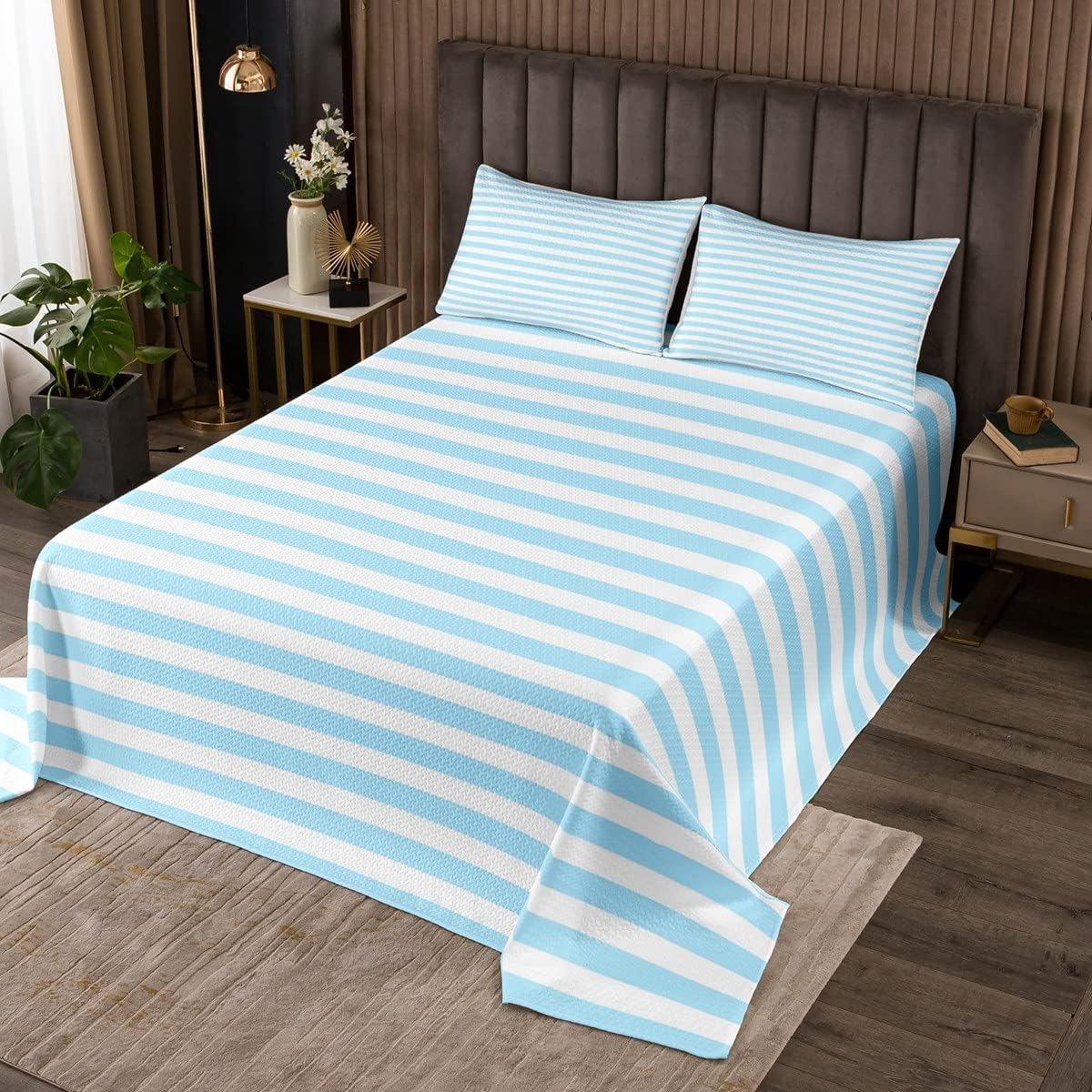 Erosebridal Sky Blue White Striped Bedspread Set Twin Size Blue Ticking Stripes Quilt Set Modern Abstract Gothic Home Decor Bedding Set Horizontal Stripes Geometric Lines Coverlet Set