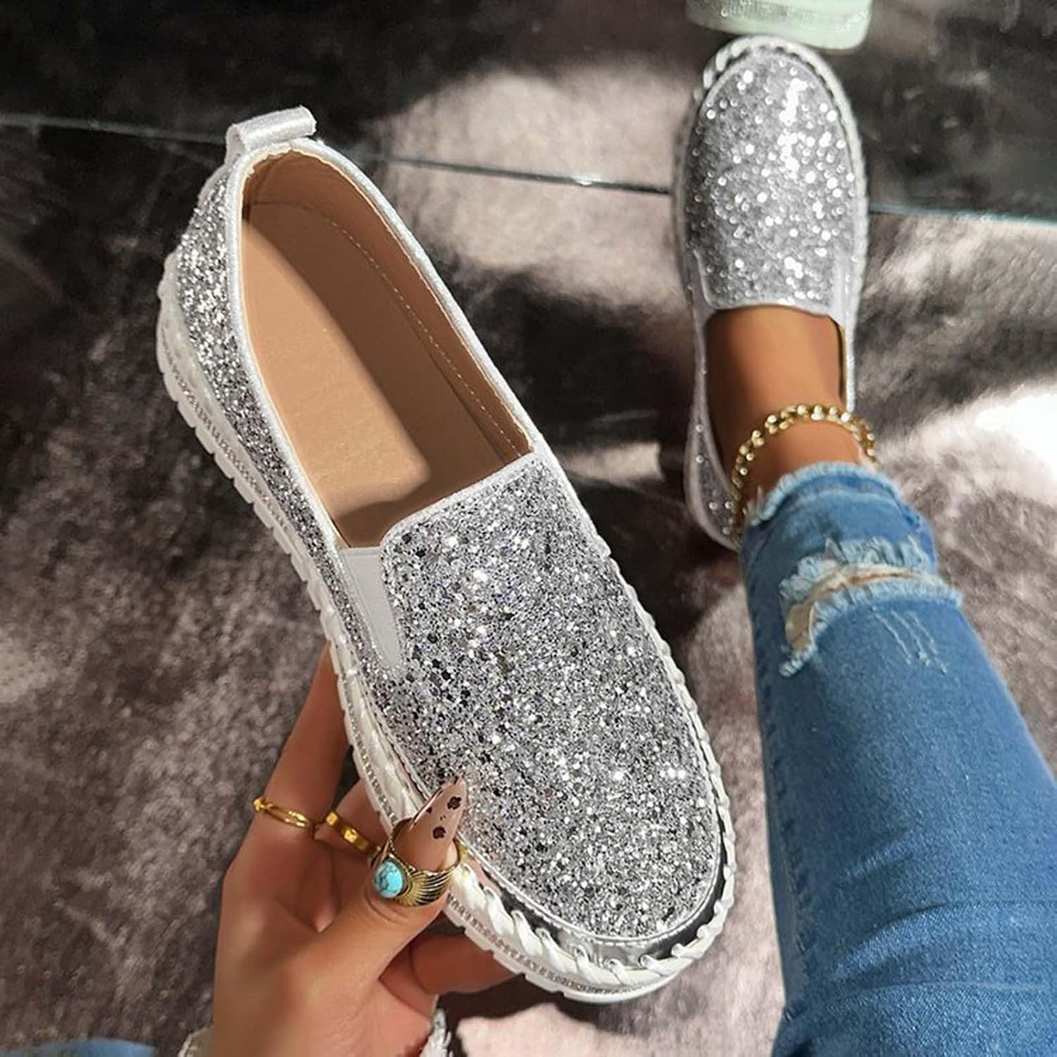Ctreela Womens Sequin Low Top Sneakers Glitter Flats Shiny Walking Tennis Shoes Party Going Out Slip On Casual Shoes