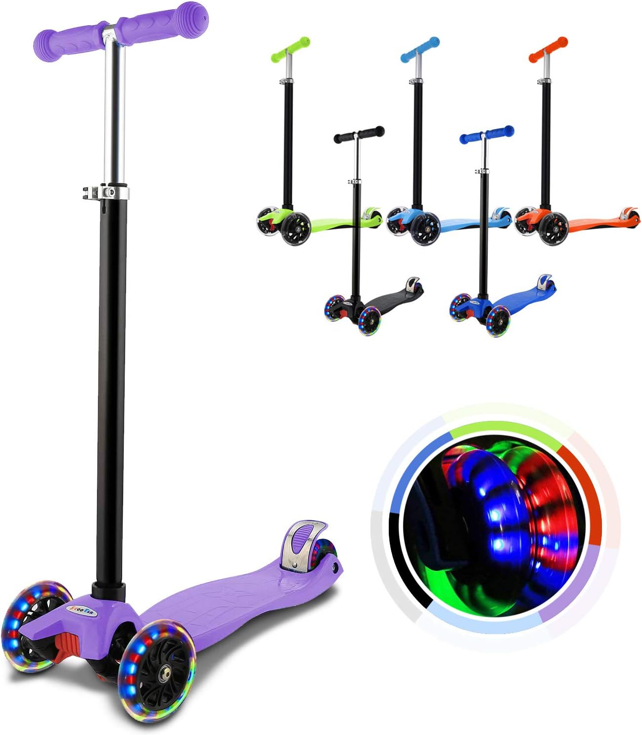 WeSkate Kick Scooter for Kids 3 Wheels, Adjustable Height Kids Scooter for Boys and Girls 3-12, LED Light Flashing PU Wheels