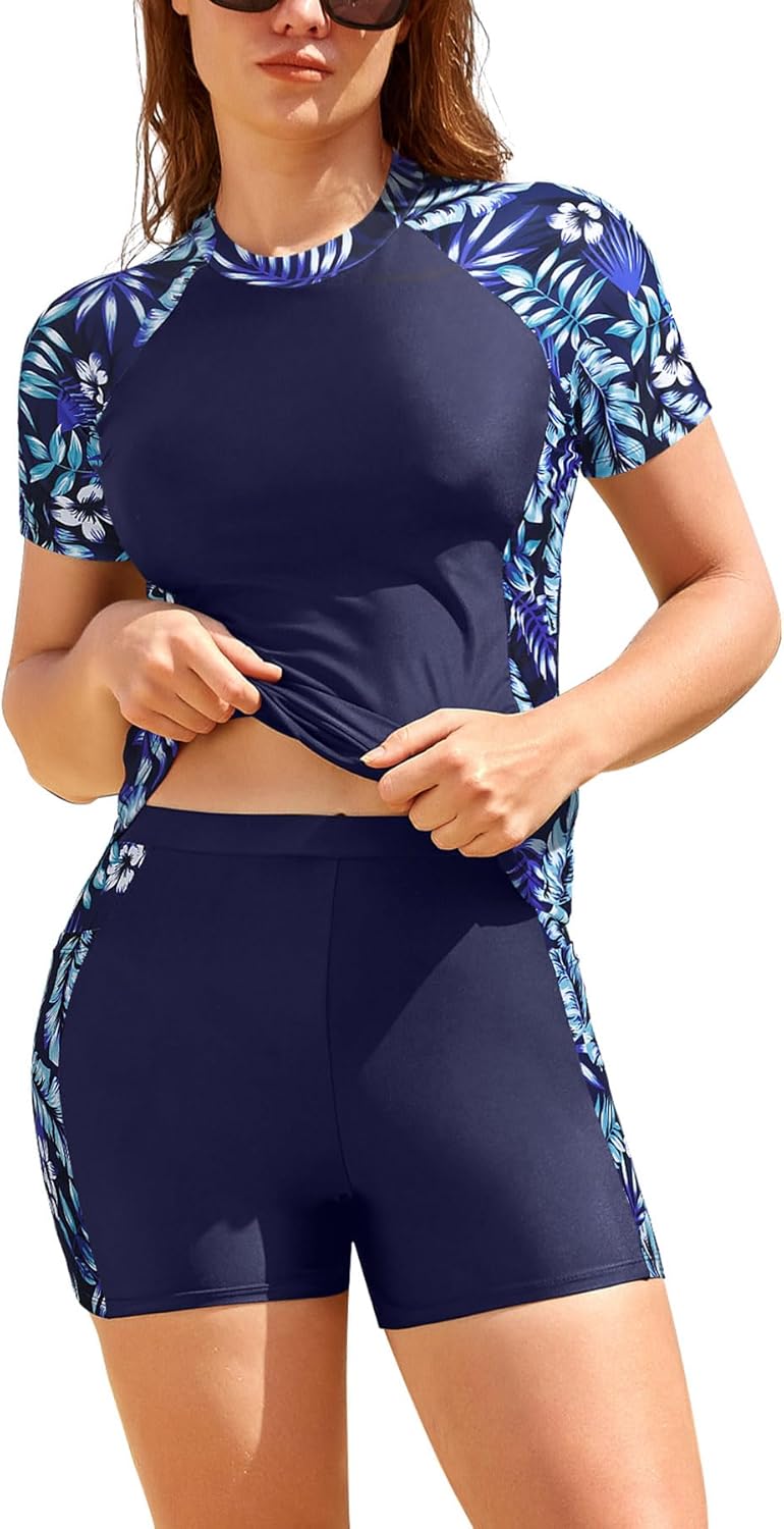 SHEKINI Women's Built in Bra Rash Guard Set 2 Piece Swimsuits with Short Sleeved Top & Boyshort