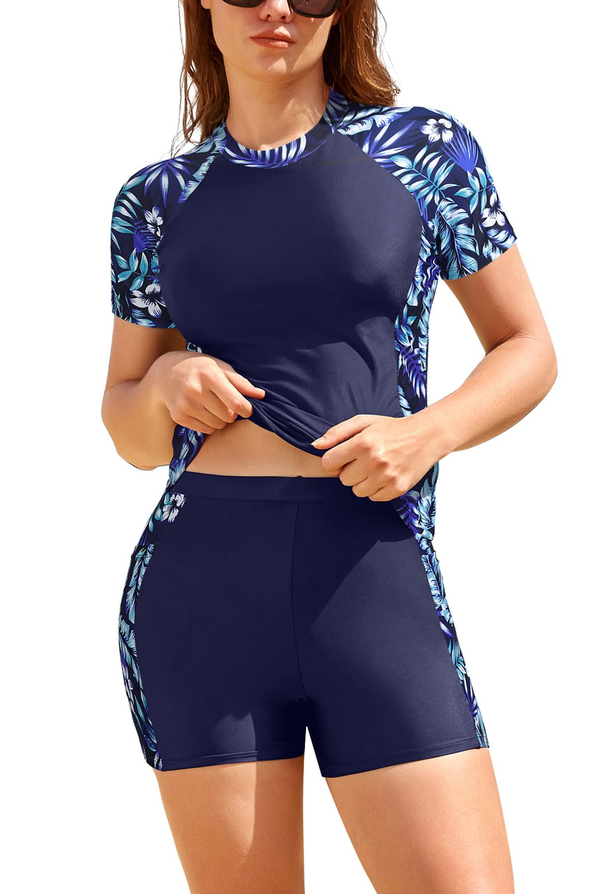 SHEKINI Damen eingebauter BH Rash Guard Set 2 Stück Badeanzug mit kurzärmeligem Top & Boyshort