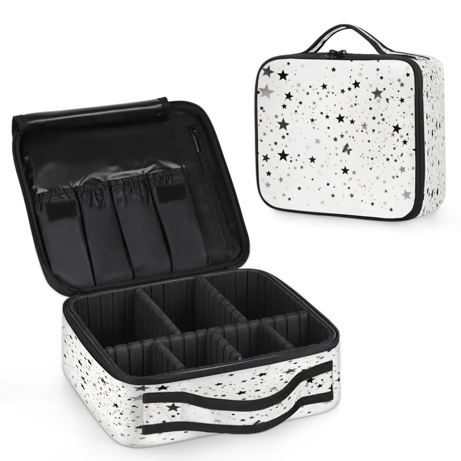 GzLeyigou Silver Stars Makeup Bag for Travel, Cosmetic Bag with Dividers Toiletry Storage Shining Bright Star Portable Organizer Train Case for