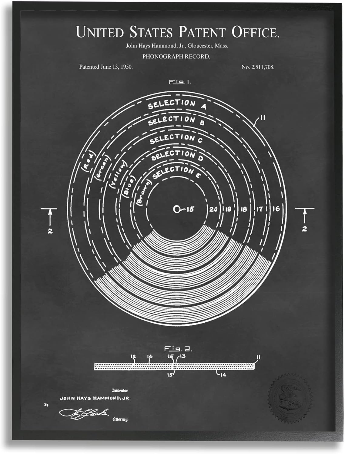 Stupell Industries Vintage Style Photograph Record Patent Blueprint Diagram, Design by Karl Hronek Black Framed 16L" x 20W"