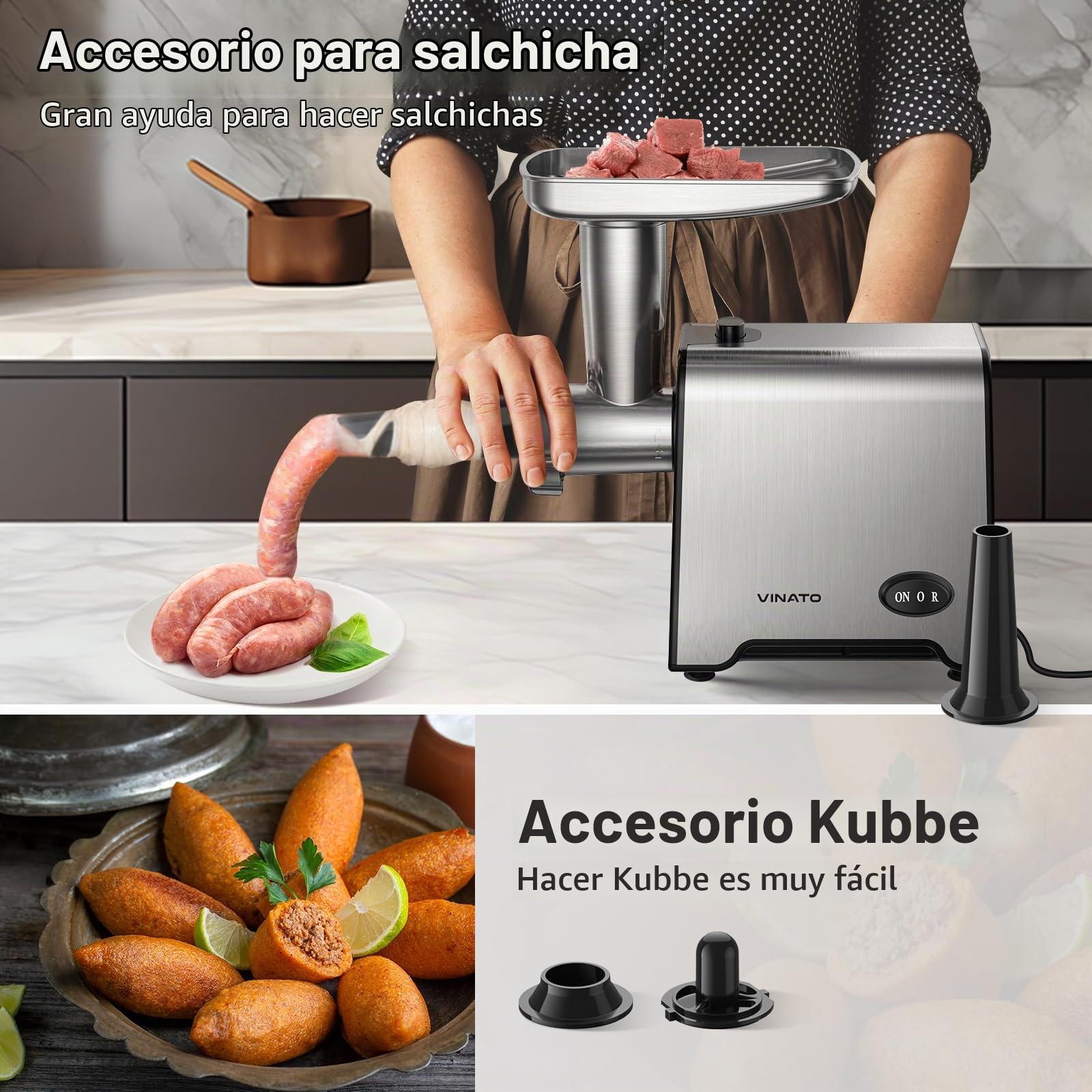 VINATO Picadora Electrica, Accesorio para Salchichas CompactPower, 3 Discos Perforados de Acero Inoxidable (3, 5, 7mm), Pisón, Accesorio para Kebbe