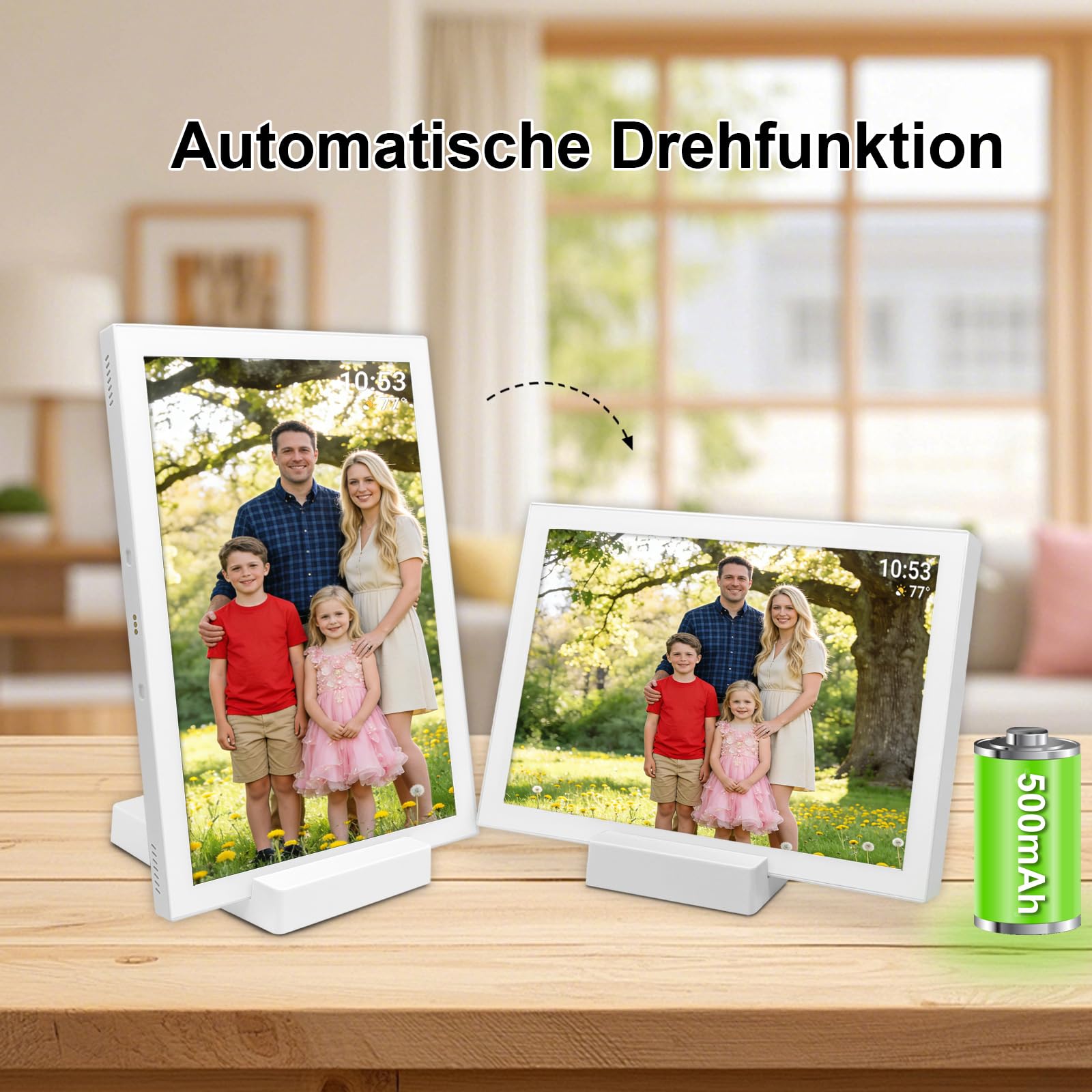 Frameo Digitaler Bilderrahmen 10,1 Zoll WLAN, 5000mAh Akku mit kabelloser Ladestation, 32GB Speicher, HD IPS Touchscreen, Auto-Rotation, Sofortiges Teilen von Fotos und Videos via Frameo App– Der idea