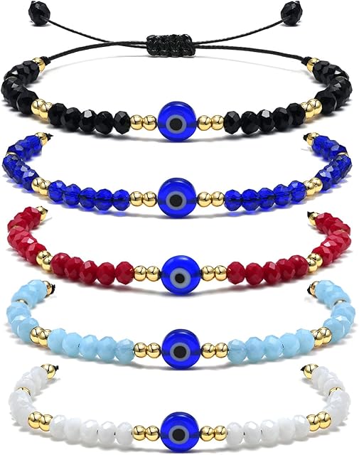 FLHEART Handmade Evil Eye Bracelet - Pack of 5 String Dainty Beads Hand Braided Evil Eye Charm Adjustable Bracelet or Anklets for Daughter BFF Family Good Luck Protection Gift Jewellery for Women Men