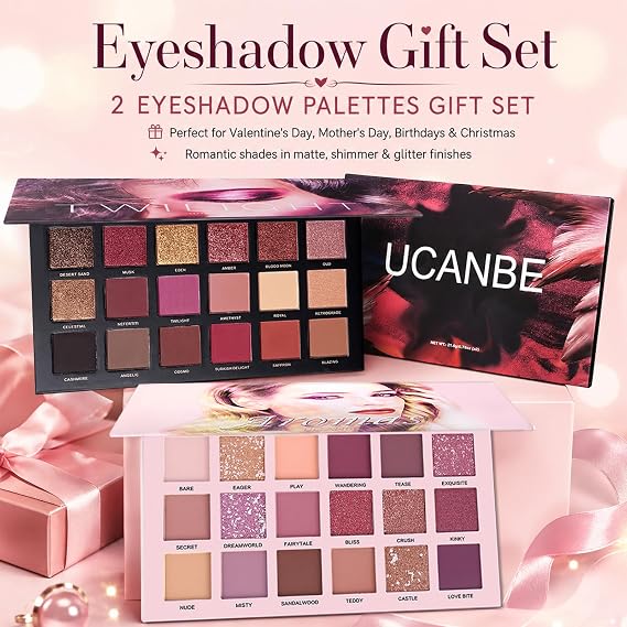 UCANBE 2Pcs Twilight Dusk + Aromas Nude Eyeshadow Palette Makeup Set, Matte Shimmer Glitter Pressed Pearl All Highly Pigmented Blending Powder, Natural Velvet Texture Eye Shadow Kit