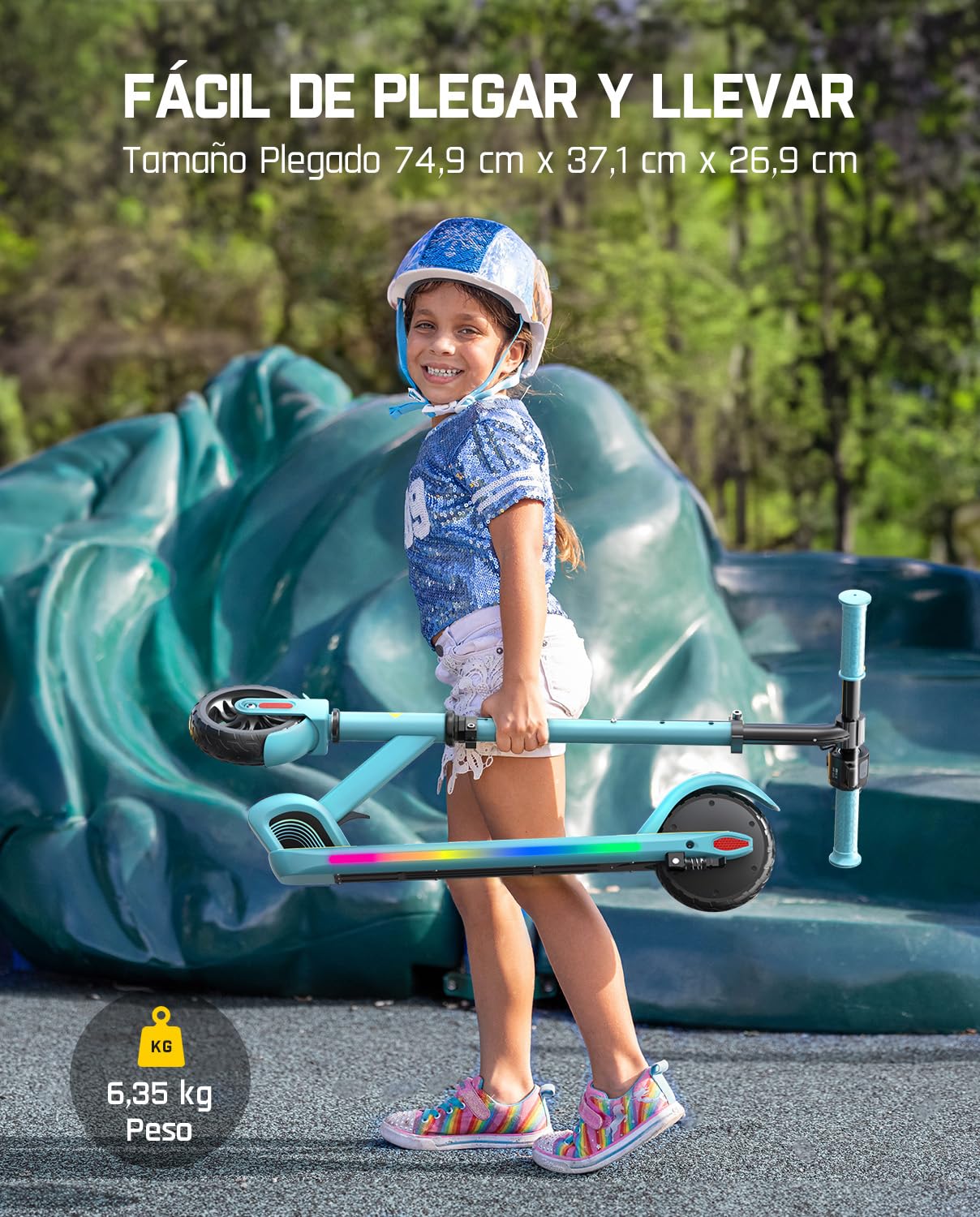FanttikRide C9 Pro Patinete Eléctrico Niño 1,2-1,6 m, Luces Arcoíris, Velocidades 8/13/16 km/h, Alcance 8 km, Pantalla LED, Altura Ajustable, Plegable, Máxima de Carga 60 kg
