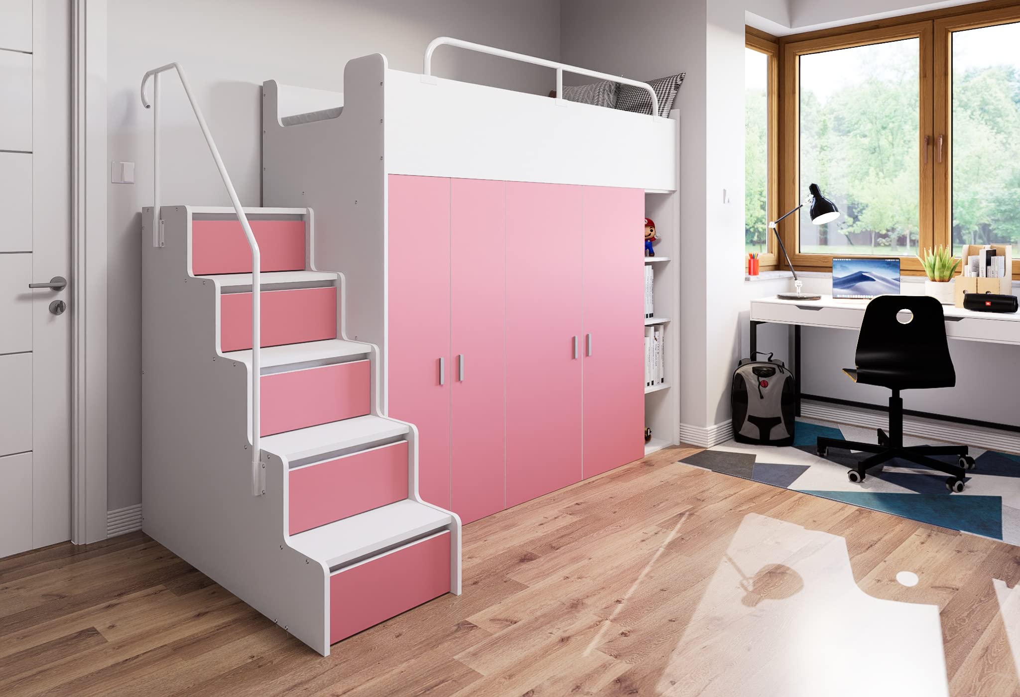 Hochbett Kinderbett JSM-2 80x190 mit Zwei Kleiderschränken, Bücherregal und Treppe Matt Etagenbett Stockbett Jugendhochbett (Graphit)