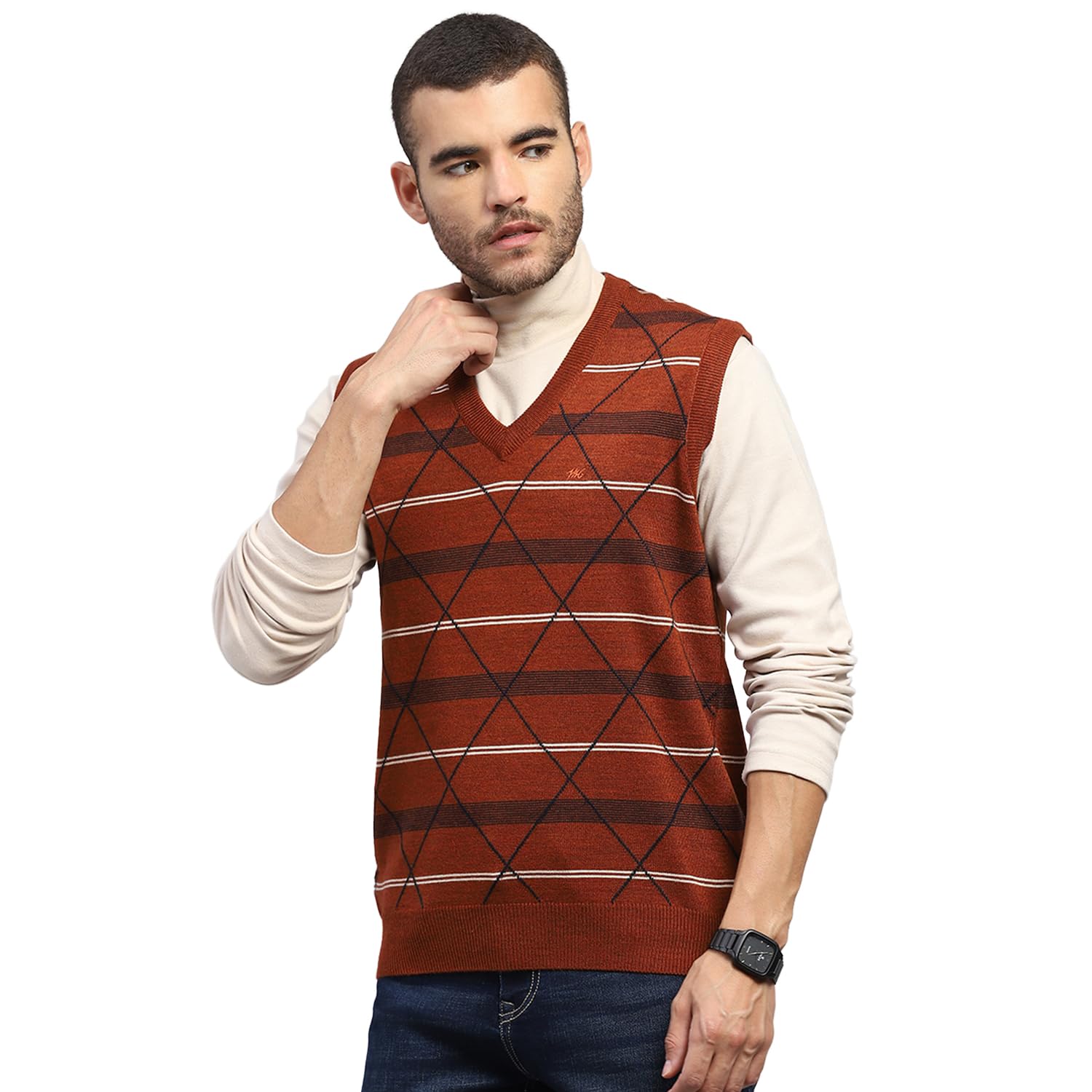 Men's Regular Fit Printed V Neck Pull On Closure Sleeveless Winter Sweater | Warm Woolen Pullover for Men | Comfortable Knitted Winter Wear Sweater for Men's (Pack of 1)