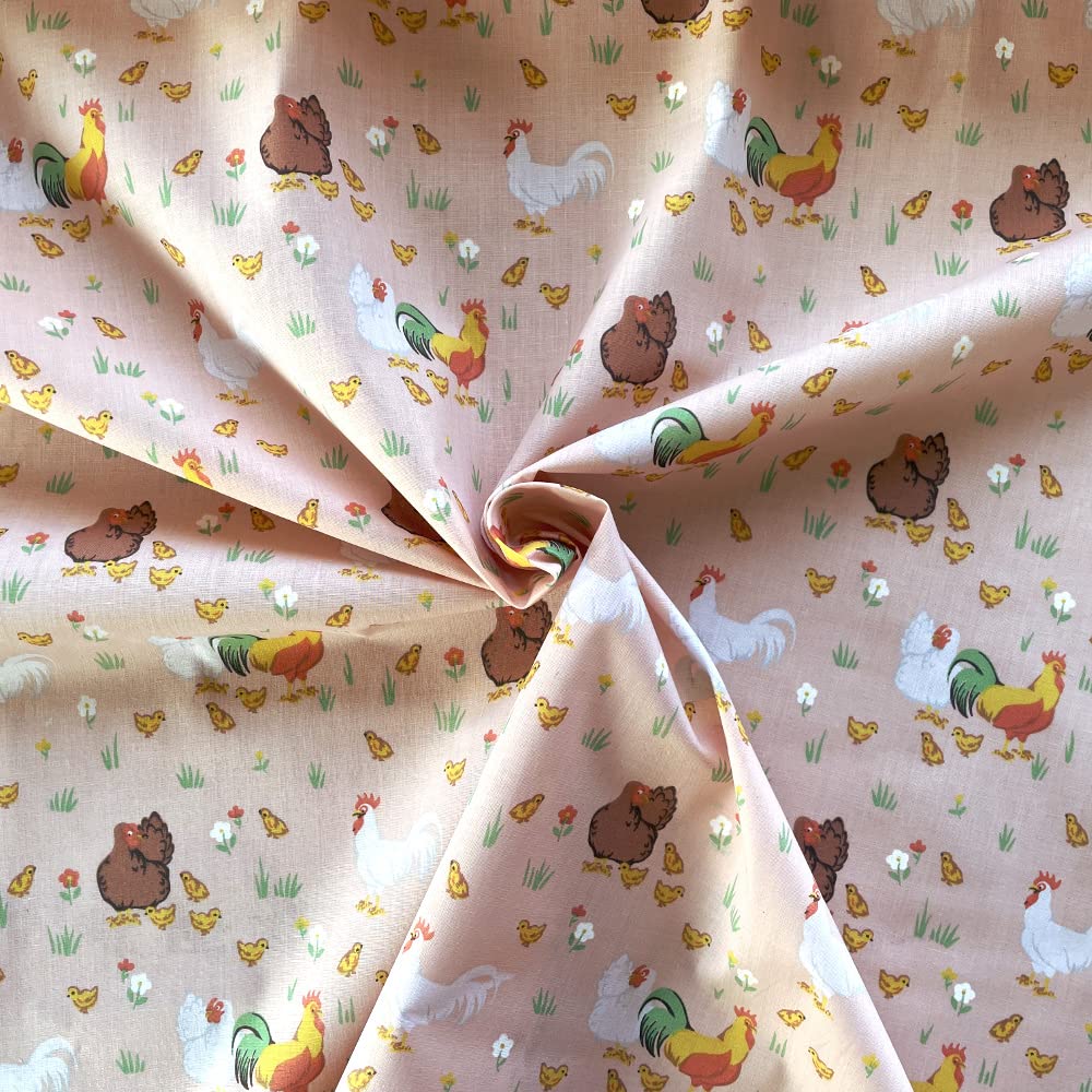 Polycotton Fabric Chicken Family Chickens Chicks Hens Farm Animals (per metre) (Peach)