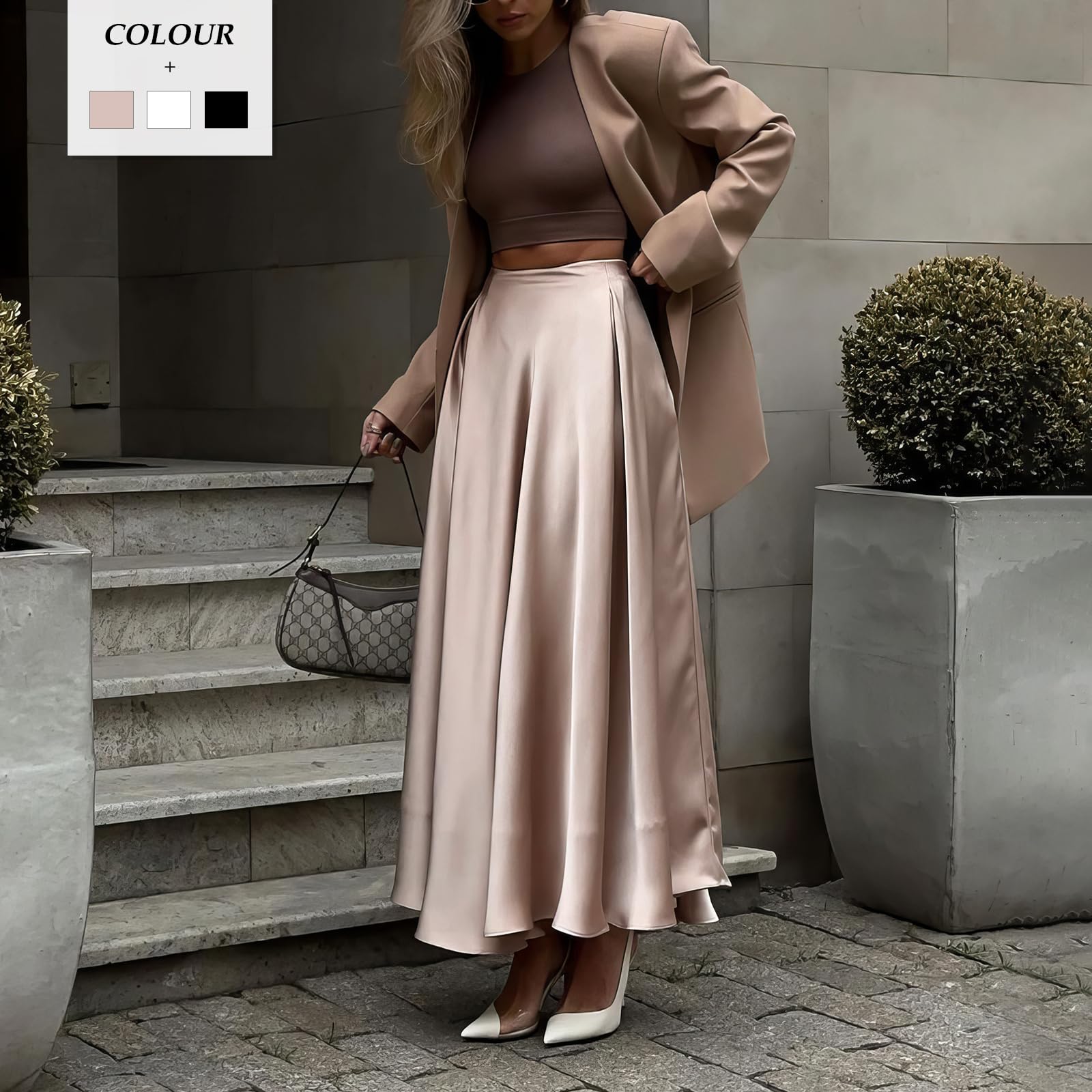 Gonna Lunga Elegante in Raso a Vita Alta da Donna con Cintura Elastica, Maxigonna Setosa Adatta per Matrimonio, Cocktail Party, Affari