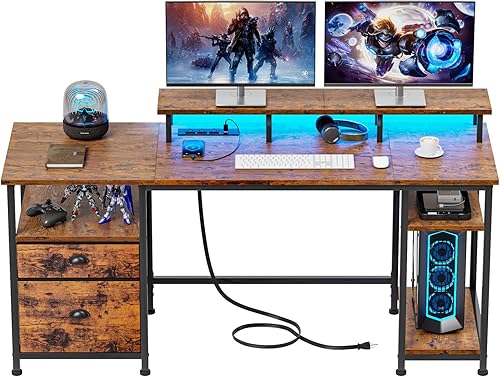 Miniatura 8 de Furologee Escritorio de 61 pulgadas con luz LED y tomas de corriente, escritorio reversible para computadora con archivador y cajón, escritorio