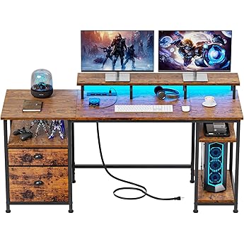 Furologee 61" Computer Desk and Nightstands Set 2, Desk with Outlets and Drawers, End Table with Hooks and Shelves, Writing Study Desk for Home Office/Bedroom