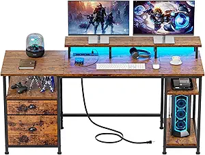 Furologee 61" Computer Desk with Power Outlet and LED Lights, Desk with Fabric File Cabinet Drawer, Large Reversible Table with Shelves and Monitor Stand, Writing Study Table for Home Office