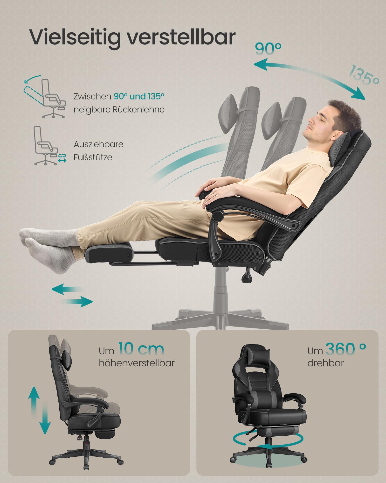 SONGMICS Gaming-Stuhl, Bürostuhl mit Fußstütze, Schreibtischstuhl mit Kopfstütze und Lendenkissen, höhenverstellbar, ergonomisch, bis 150 kg belastbar, tintenschwarz-schiefergrau OBG073BH20