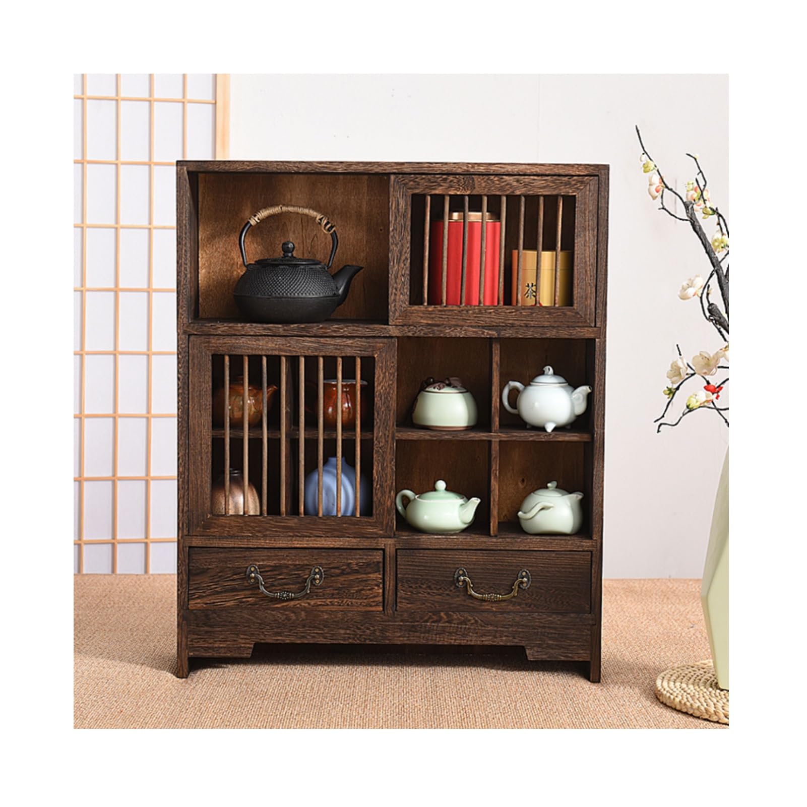 Organizador Cajones Cocina En Forma Caja Madera, Soporte para Juego Té De Sobremesa, Armario con Tiradores Metálicos para Sala Estar
