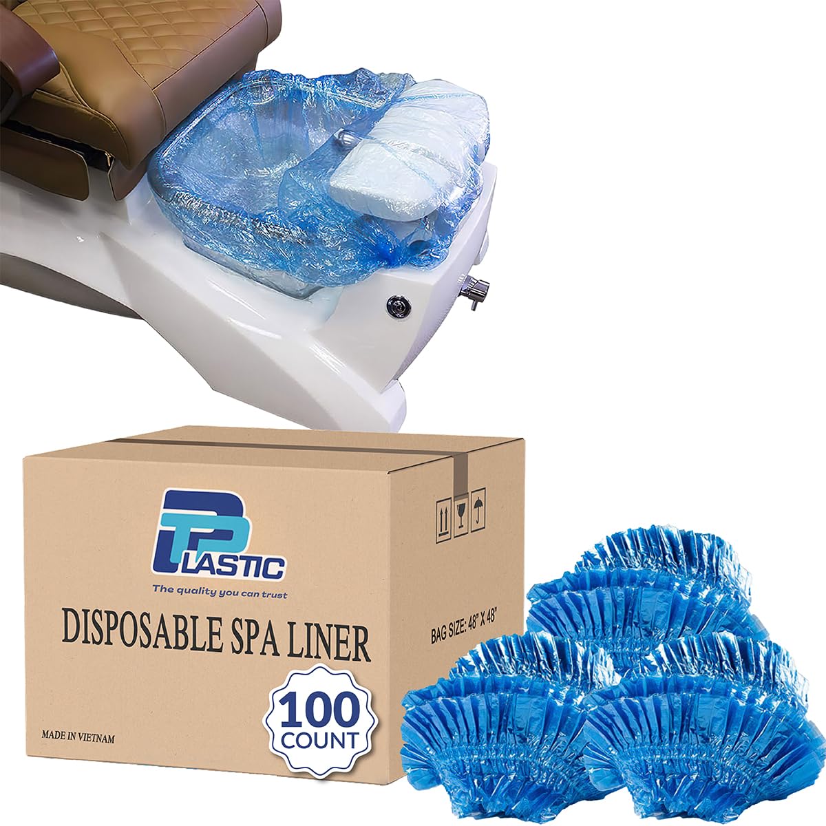 TP Plastic Spa Liner – 100 Count, Blue (48" x 48", 9.5 Mic), Extra-Large Disposable Pedicure Liners for Foot Spa, Salon & Home, Leak-Proof, Waterproof