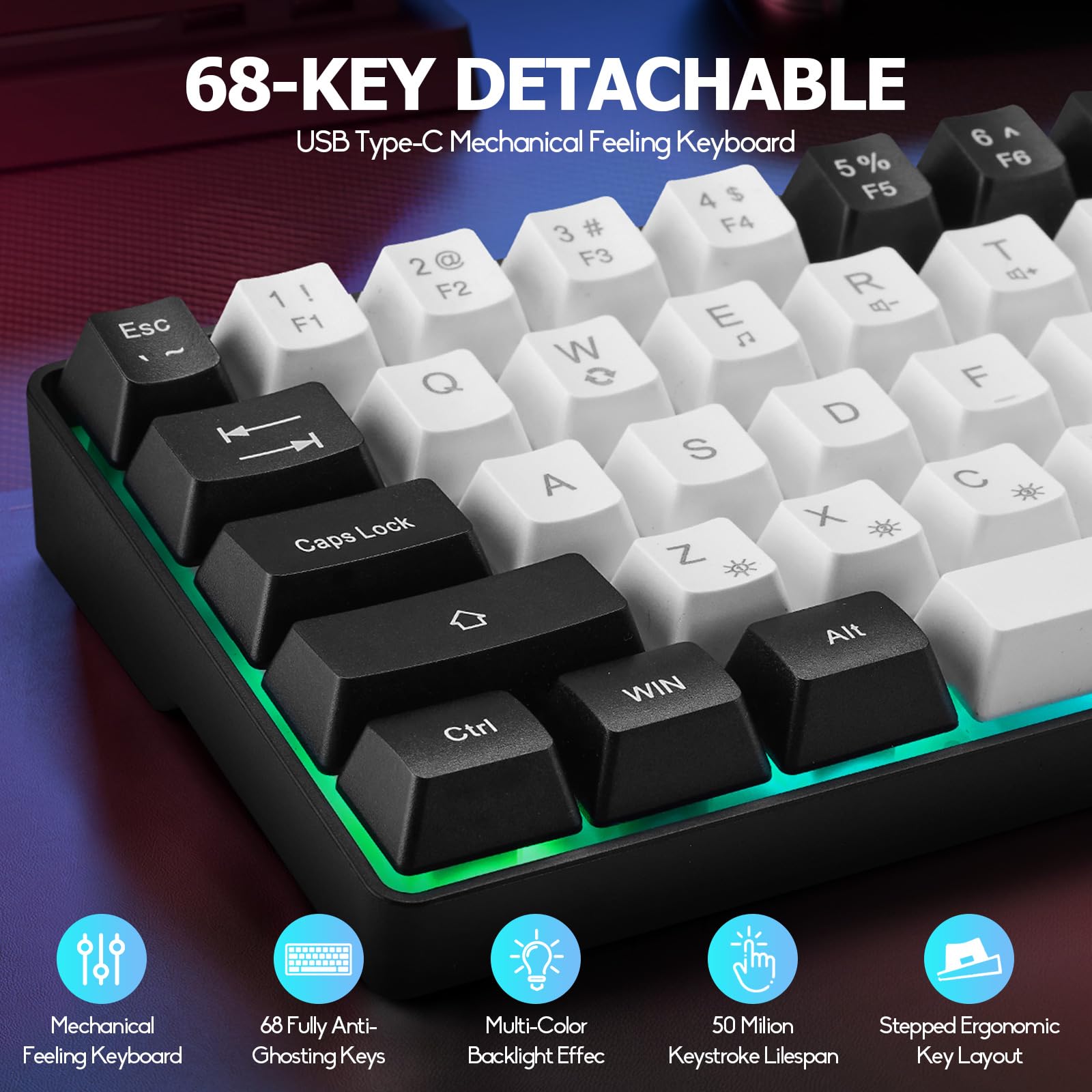Guiheng Tastiera e mouse da gioco con cavo al 60%, ultra-compatta a 61 tasti, retroilluminata RGB, ottica leggera a 3200 DPI, set da gioco cablato per Windows, PC, Mac, PS5, Xbox Gamer, (bianco-nero)