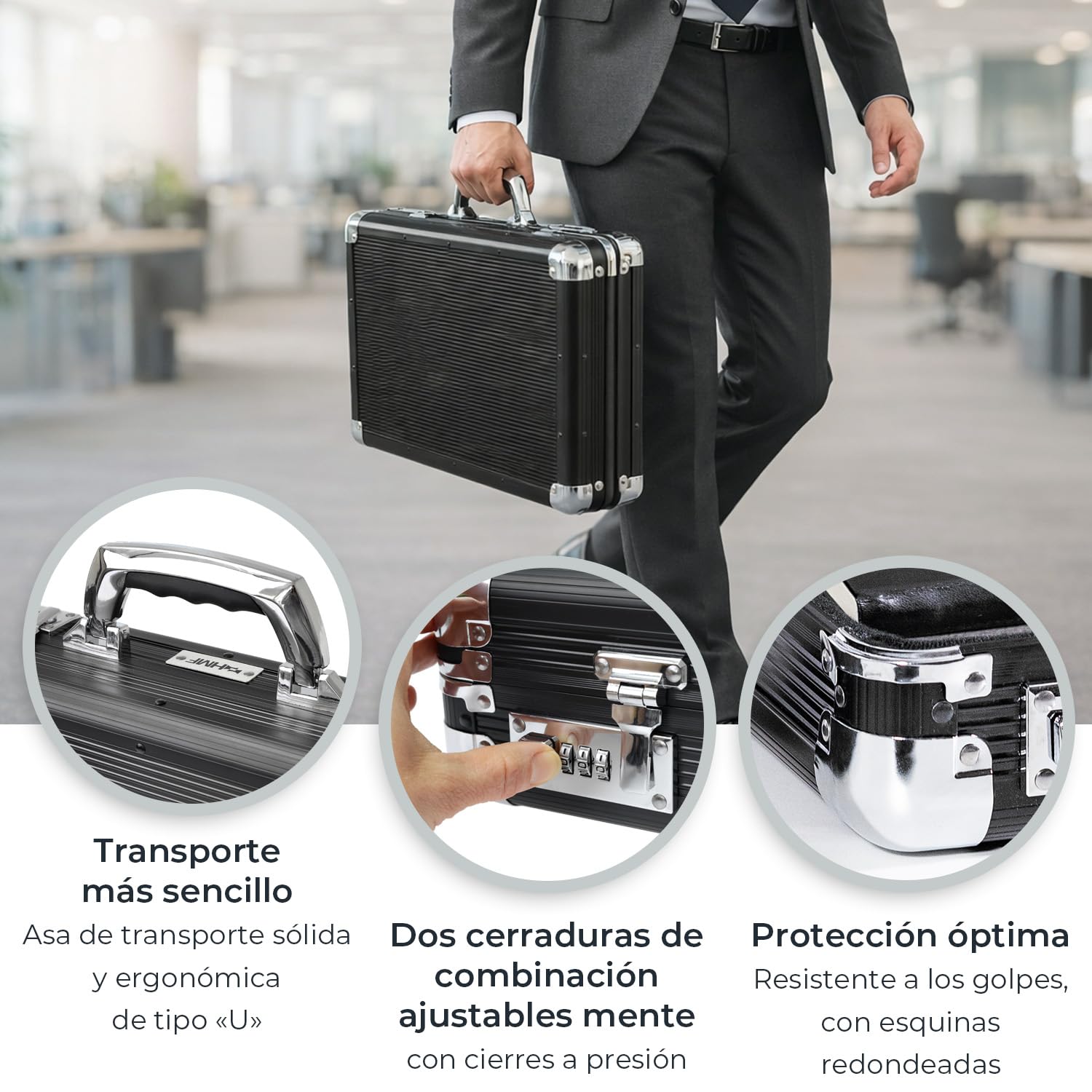 HMF Maletín de aluminio para portátil hasta 17,3 pulgadas, Maletín de negocios con cerradura de combinación, compartimento acolchado y organizador | 45 x 33 x 11 cm | Negro