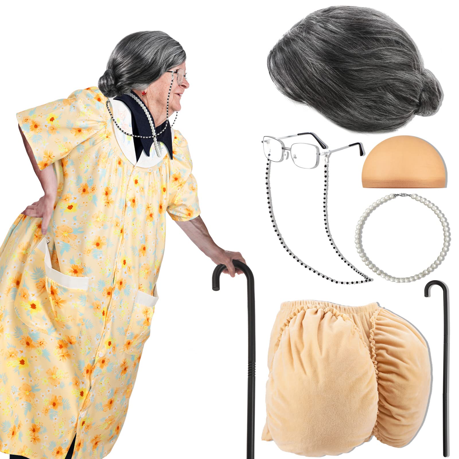 Zhanmai 8 Pcs Old Lady Costume Set Women's Fat Suits Short Sleeve Robe Granny Wig Cap Fake Butt Glasses Eyeglass Chains Beads