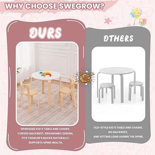 Miniatura 7 de Swegrow Juego de mesa y 2 sillas para niños, mesa y sillas de madera para niños y bebés, muebles de madera para niños para sala de juegoshogarkinder