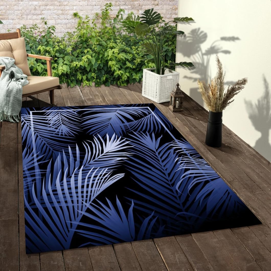 Blue Black Tropical Palm Leaf Pattern Indoor Outdoor Rug