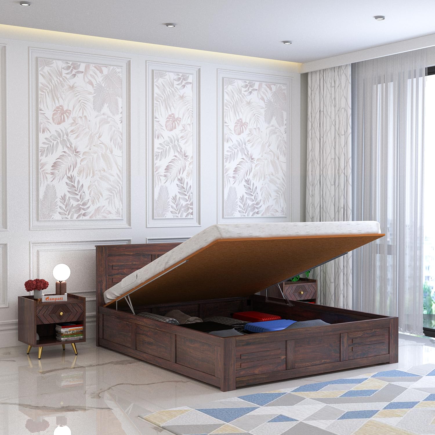 Ganpati Arts Sheesham Wood Swiss Queen Size Bed with Hydraulic Storage | Wooden Double Bed Cot Palang Furniture for Bedroom Living Room Home Hotel (Walnut Finish)