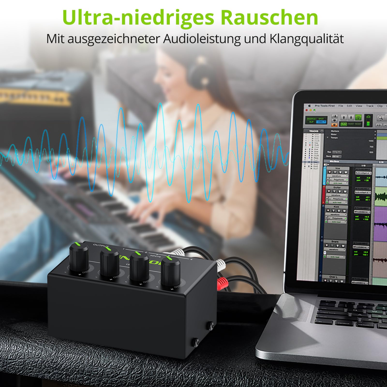 LiNKFOR Audio Mixer Stereo Passiver Mischer 4 Kanal Stereo Audiomischer mit 4 Eingänge und 1 Ausgang Mini-Stereomischer mit separaten Lautstärkereglern für Mischinstrument, CD-Player, Clubs/Bars, PC