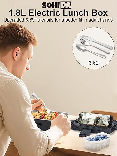 Miniatura 2 de Lonchera térmica de 1.8L+0.5L para hombres, lonchera eléctrica de 80 W con utensilios de mango largo para adultos, lonchera Eléctrica portátil de 12