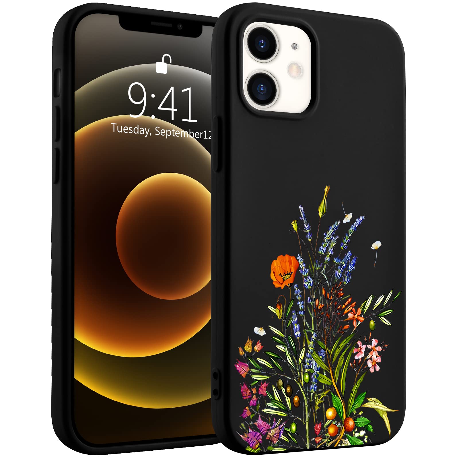 Idocolors Cute Floral Flower Print Case for iPhone 13 Mini,Black Liquid Silicone Elegant Girly Cases,Fashionable Soft Gel ...