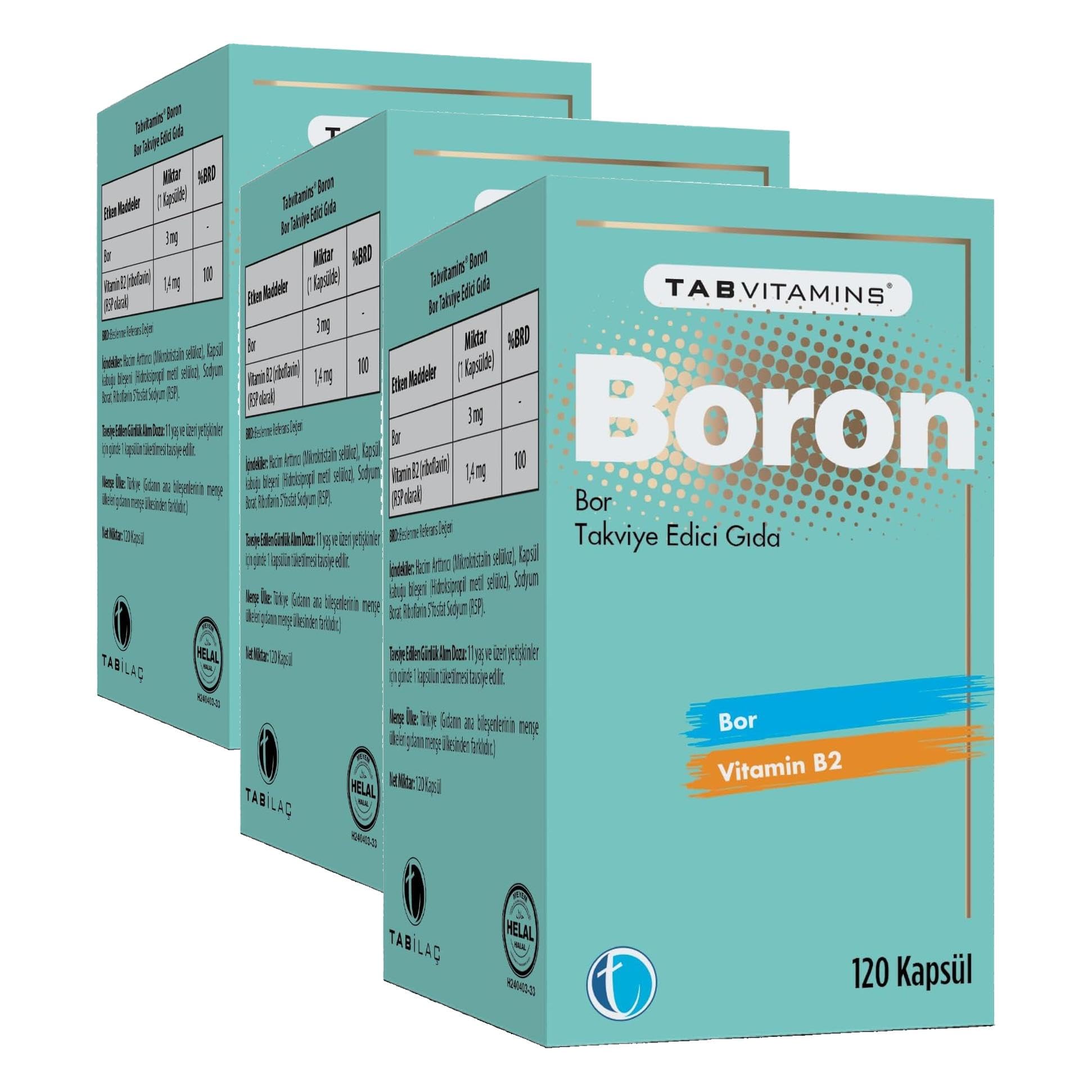 TABVITAMINS Boron 120 Bitkisel Kapsül Bor 3 mg Vitamin B2 (3 paketi)