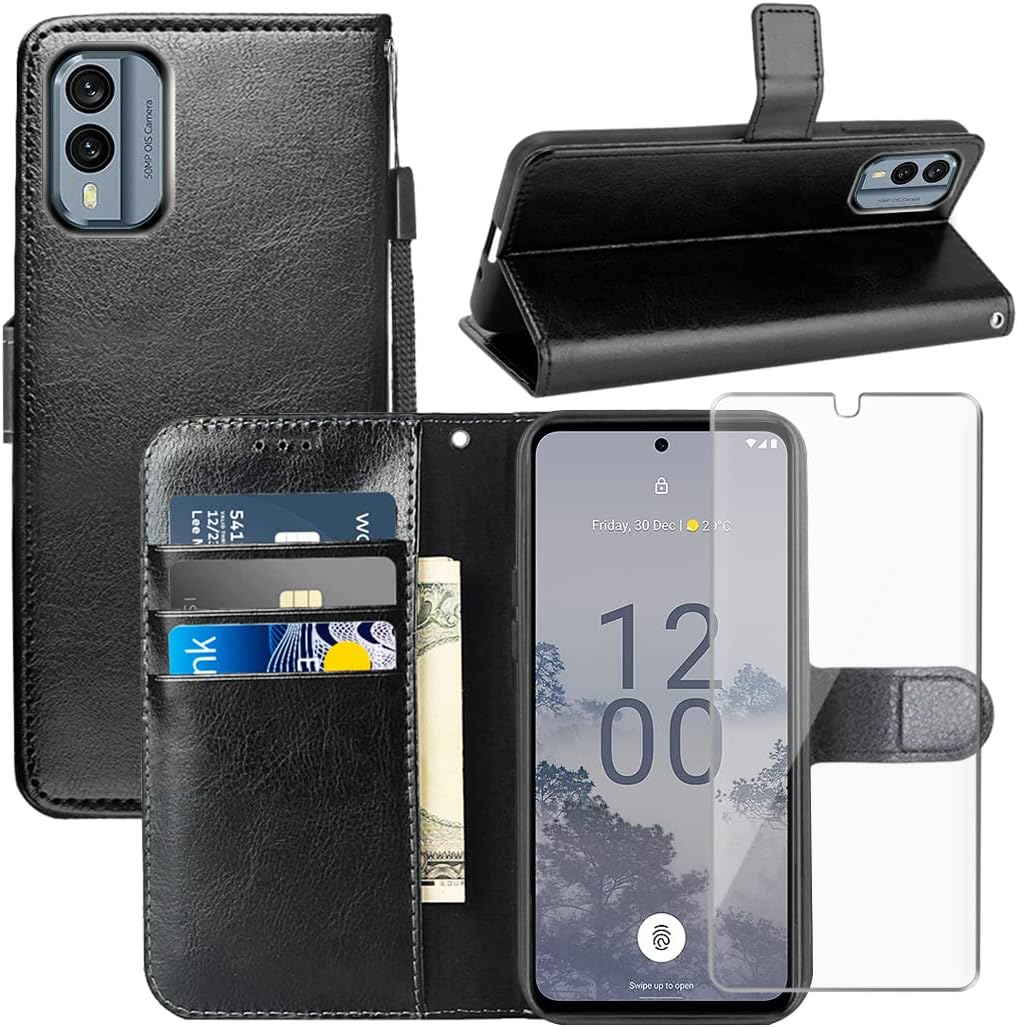 for Nokia X30 5G Case, for Nokia X30 Wallet Case, with Screen Protector,PU Leather Wrist Strap Card Slots Shockproof Protective Flip Cover Phone Case for Nokia X30 5G, Black