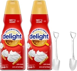International-Delight Liquid Coffee Creamer.- Two (2) 32 fl oz Bottles of Creamy Smooth Delightful Coffee Creamer and Mini Metal Spoon (Sweet & Creamy) Shovel Spoons
