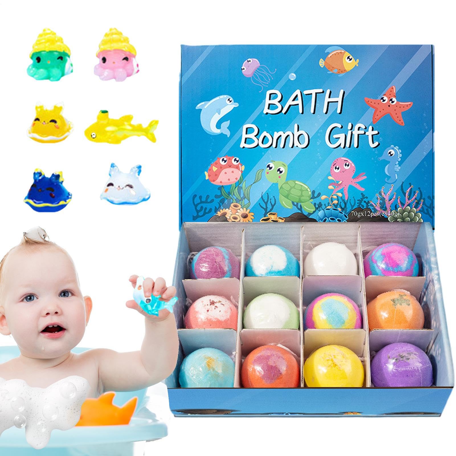 Bath Ball For Kids With Toy Inside, Kids Bath Salt Ball, Land & Sea Toys, Handmade Natural Organic 12 Pieces For Dry Skin Moisturize