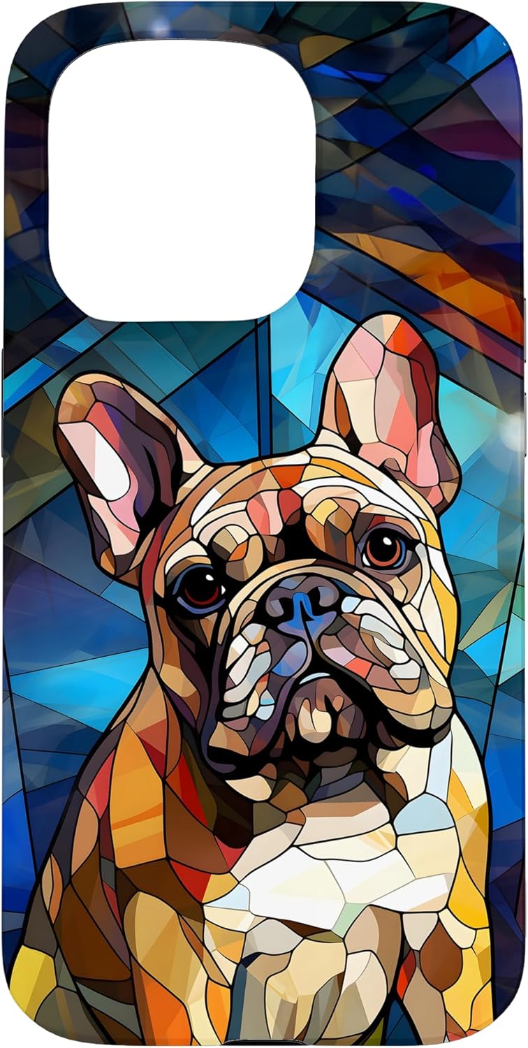 Colorful French Bulldog Stained Glass Pattern Case for iPhone 15 Pro