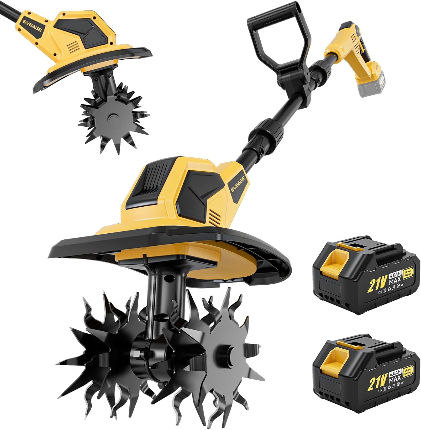 21V Cordless Tiller Cultivator, 2x4.0Ah Battery Powered Electric Garden Tiller, 360RPM Rototiller with 48 Steel Tines, 9.7" Width & 7" Depth, Lightweight Soil Tiller for Gardening