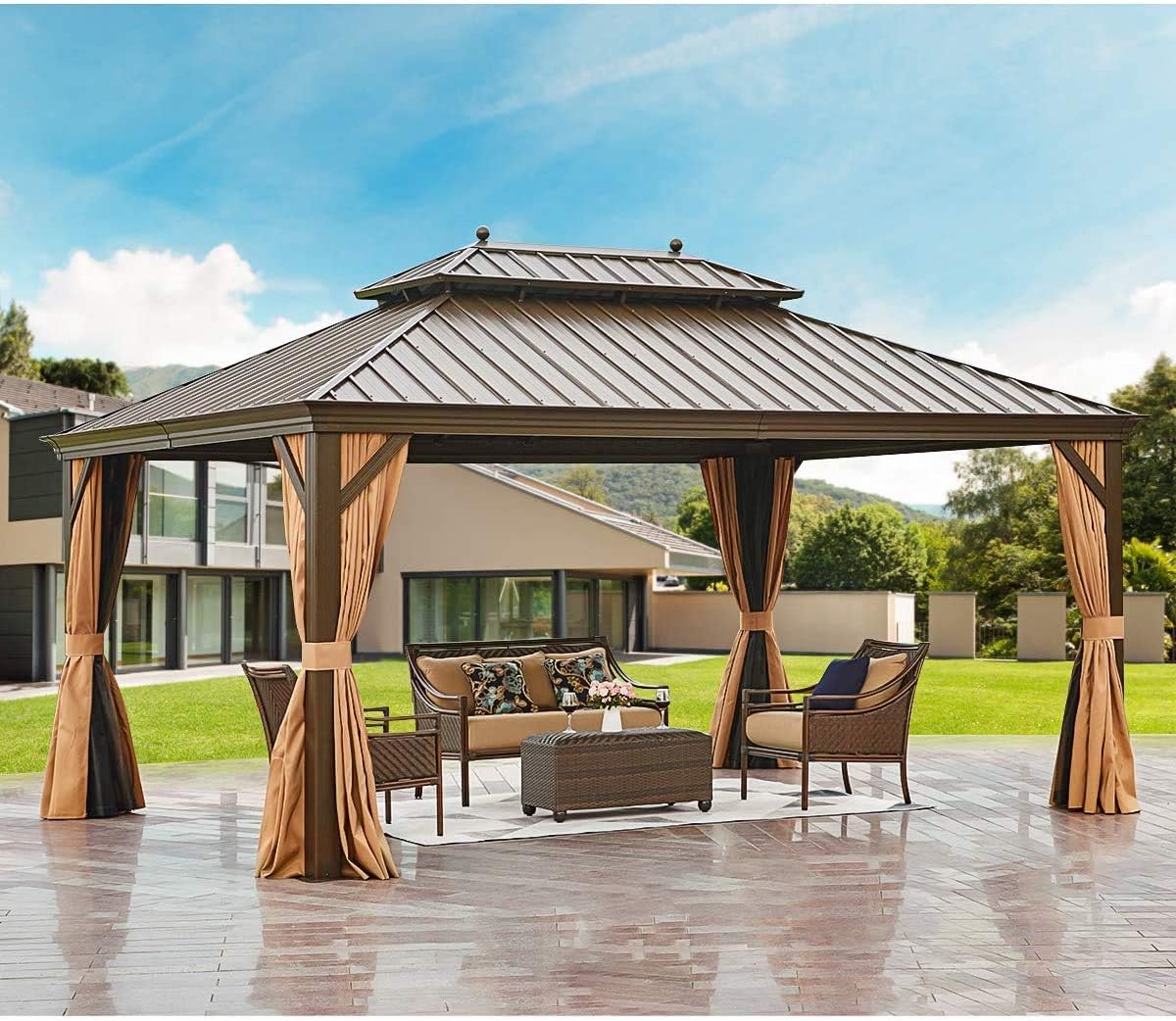Buy Yoleny 12 X 16 Hardtop Gazebo Galvanized Steel Outdoor Gazebo Canopy Double Vented Roof Pergolas Aluminum Frame With Netting And Curtains For Garden Patio Lawns Parties Online In Turkey B08bzkndt6