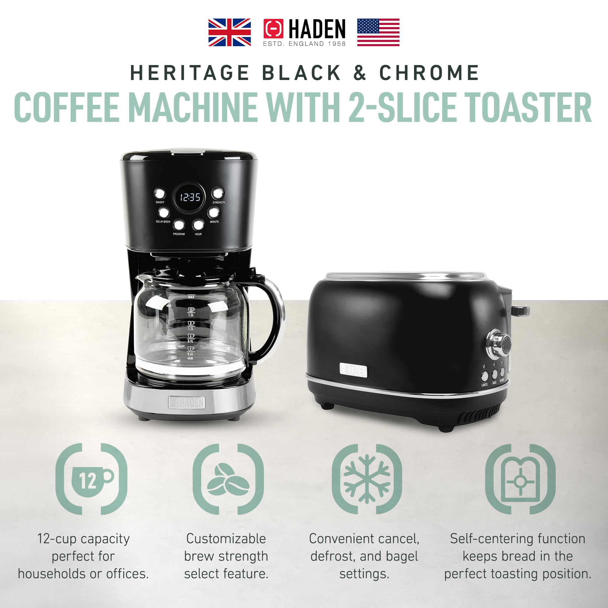 Haden 12 Cup Programmable Drip Coffee Maker Coffee Machine Bundled with Heritage 2 Slice Wide Slot Stainless Steel Toaster, Turquoise & Chrome