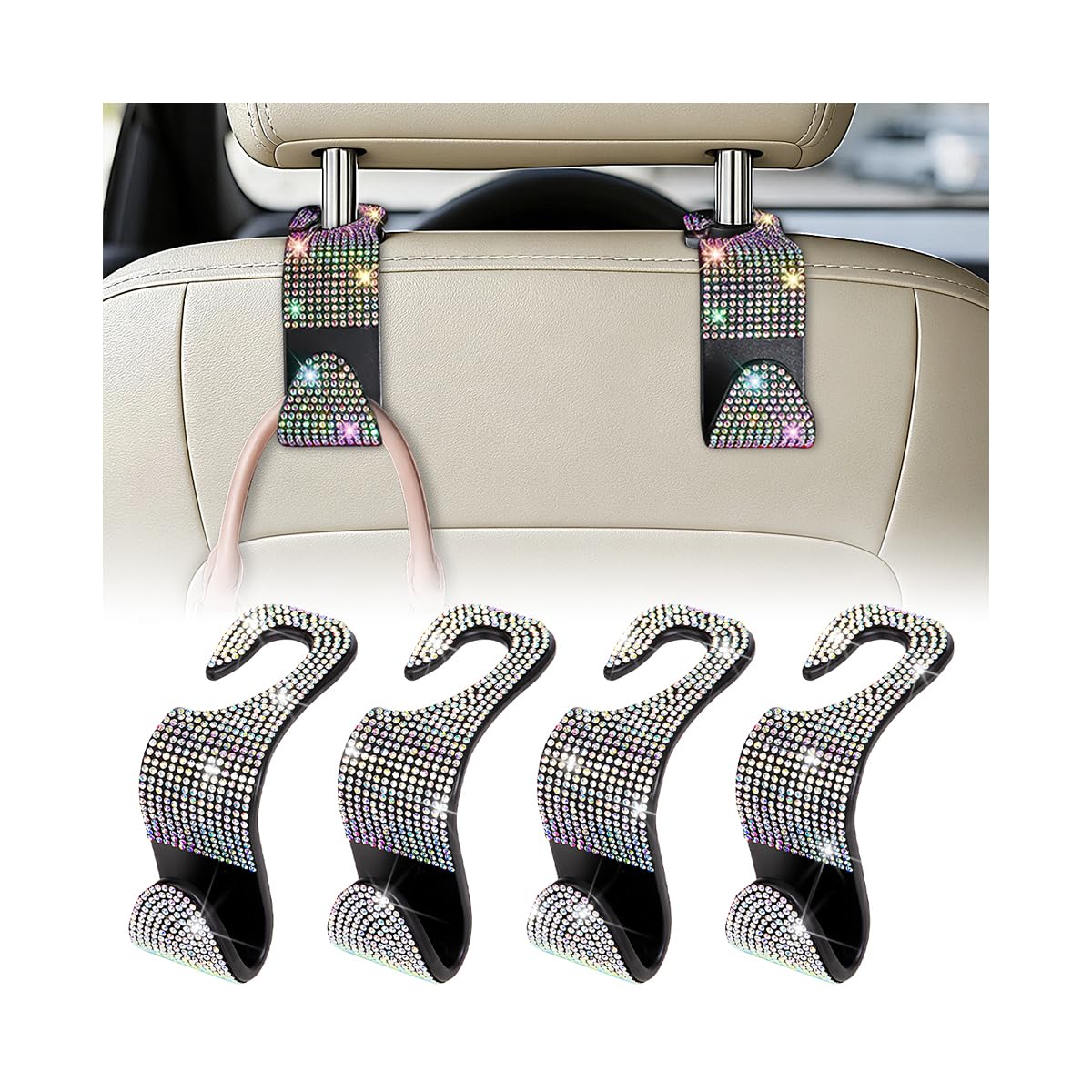 Bling Car Seat Headrest Hooks, 4PCS Crystal Rhinestone Vehicle Seat Back Hanger Holder for Purses Bag Handbags, Diamond Headrest Storage Organizer, Universal Auto Accessories (AB White)