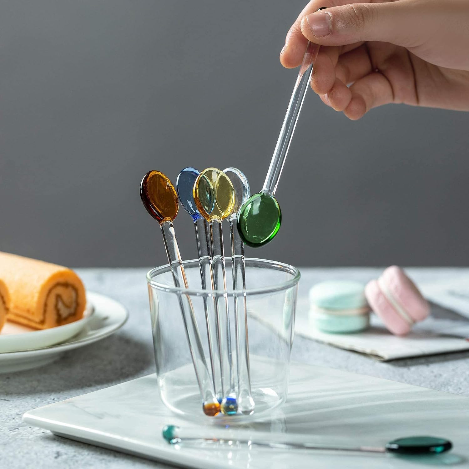 6 Pcs Heat Resistant Cute Tea Glass Spoons 5.5" 140mm Colorful High Borosilicate Drink Stirrers for Salt Sugar Coffee Cocktail Milkshake Cold Drink Beautiful Bar Tools Set