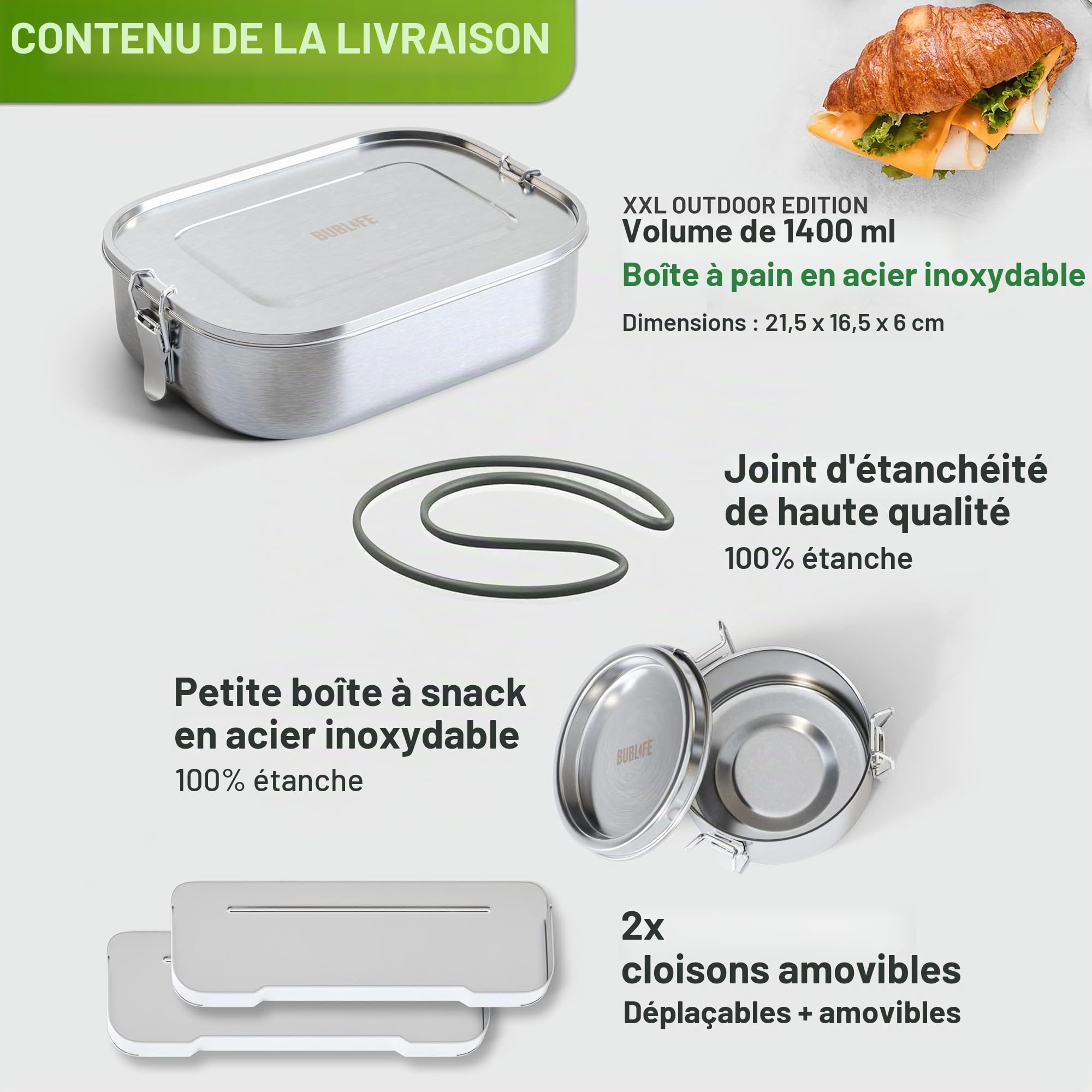 Boîte à repas 1400 ml en acier inoxydable avec compartiment | Bento étanche - lunchbox pour enfants et adultes