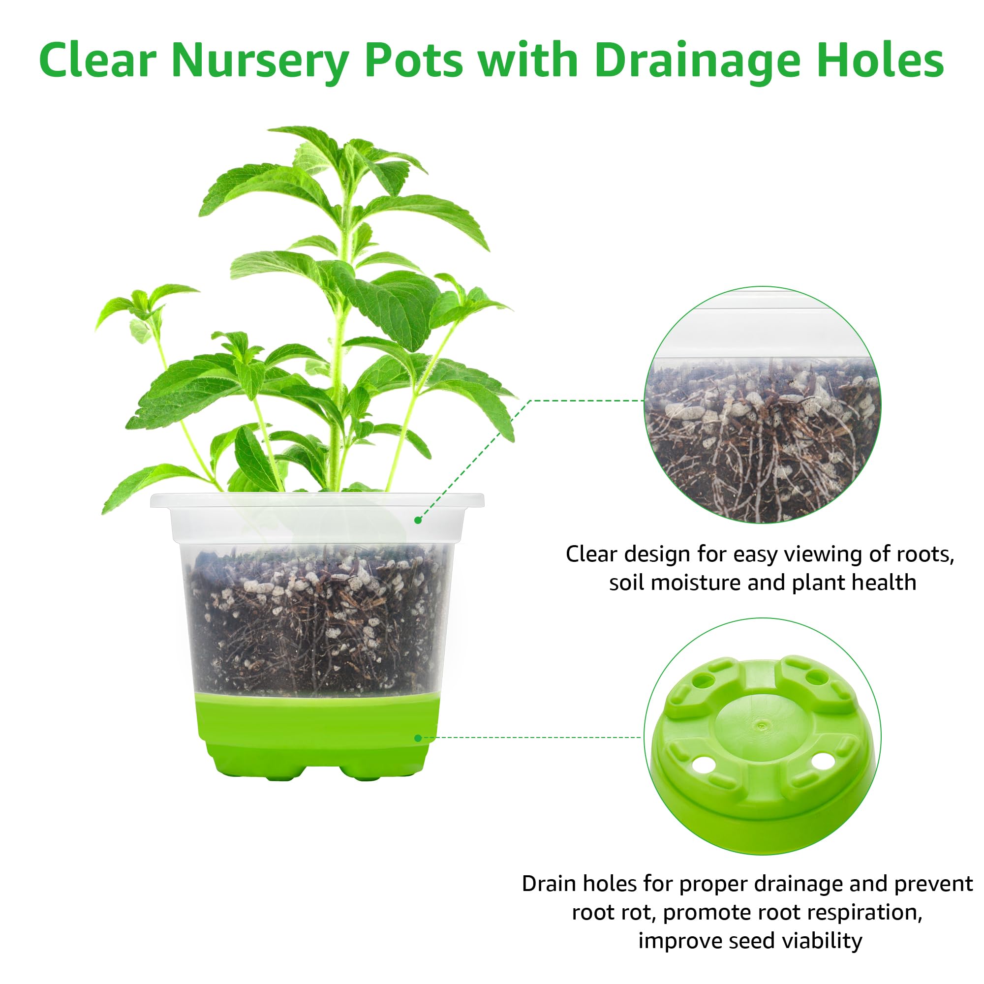 MIXC Lot de 60 pots de fleurs renforcés de 10,2 cm avec base en silicone pour une transplantation facile, lot varié de pots de fleurs en plastique pour semis, semis, fleurs