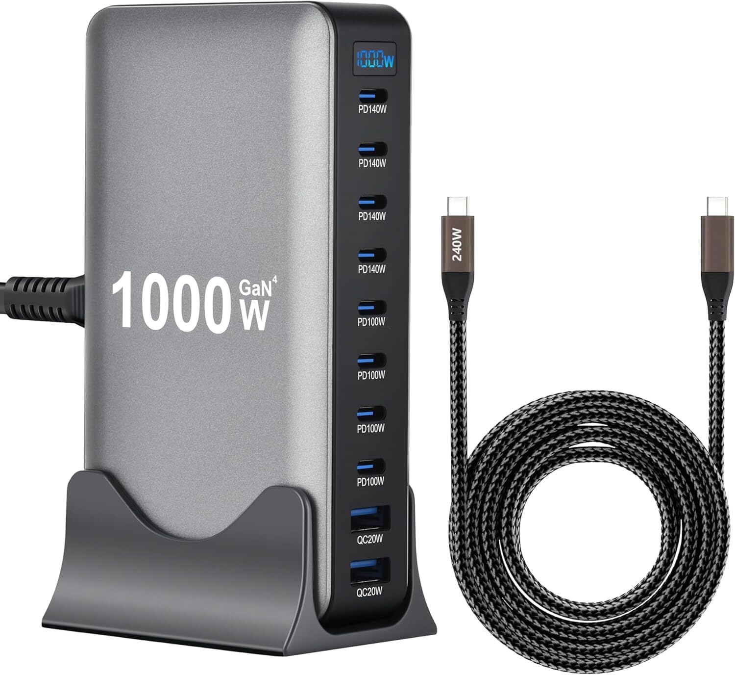 Estación de carga de escritorio de 1000 W GaN de 10 puertos con cable USB-C de 240 W, concentrador de carga rápida para portátiles, tabletas, teléfonos, consolas de juegos y auriculares