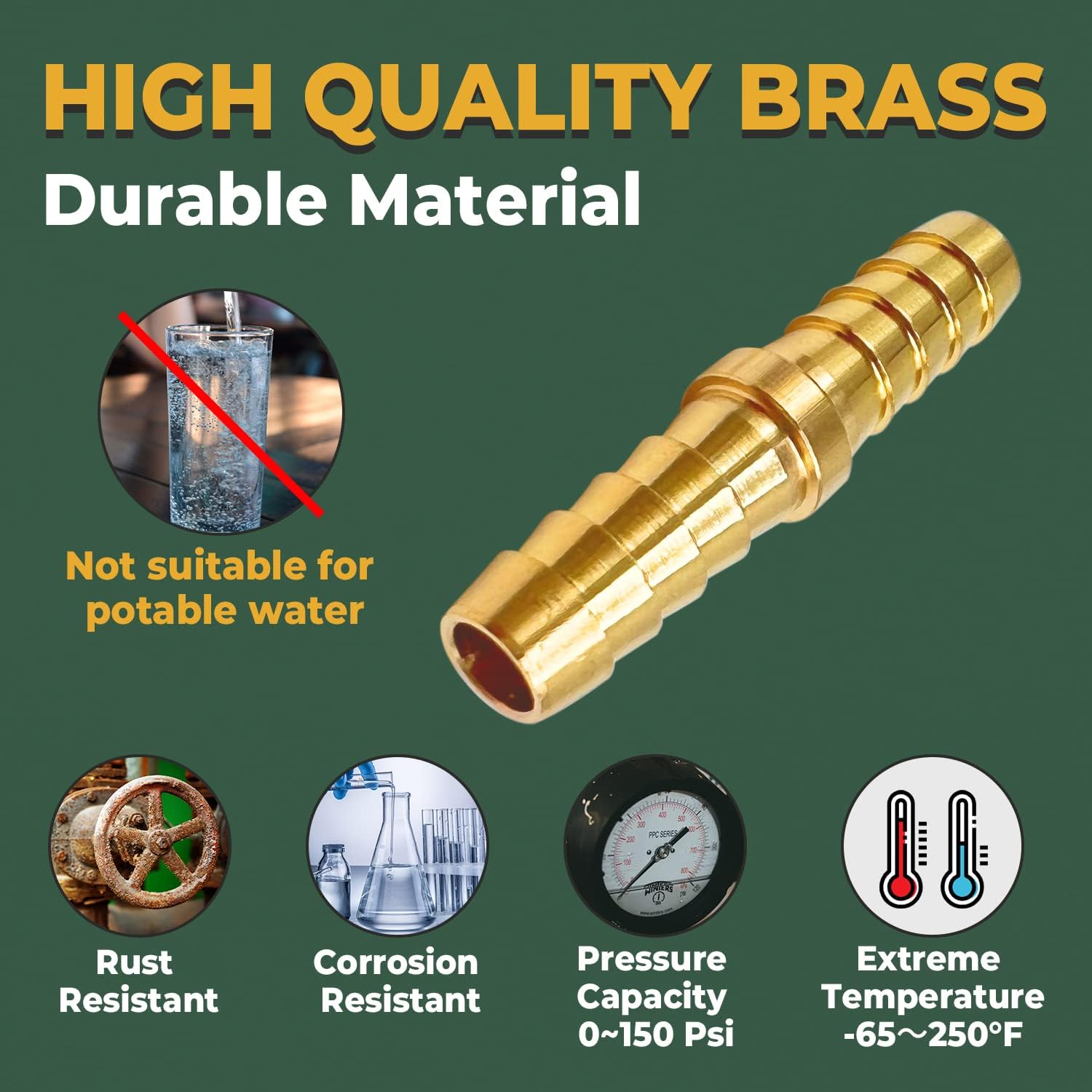 LIONMAX Barb Splicer Mender, 3/8 Inch to 3/8 Inch Barb Hose ID,(4 PCS), Brass Barb Union Hose Fittings, with 8 Hose Clamps, for Air/Water/Fuel/Oil