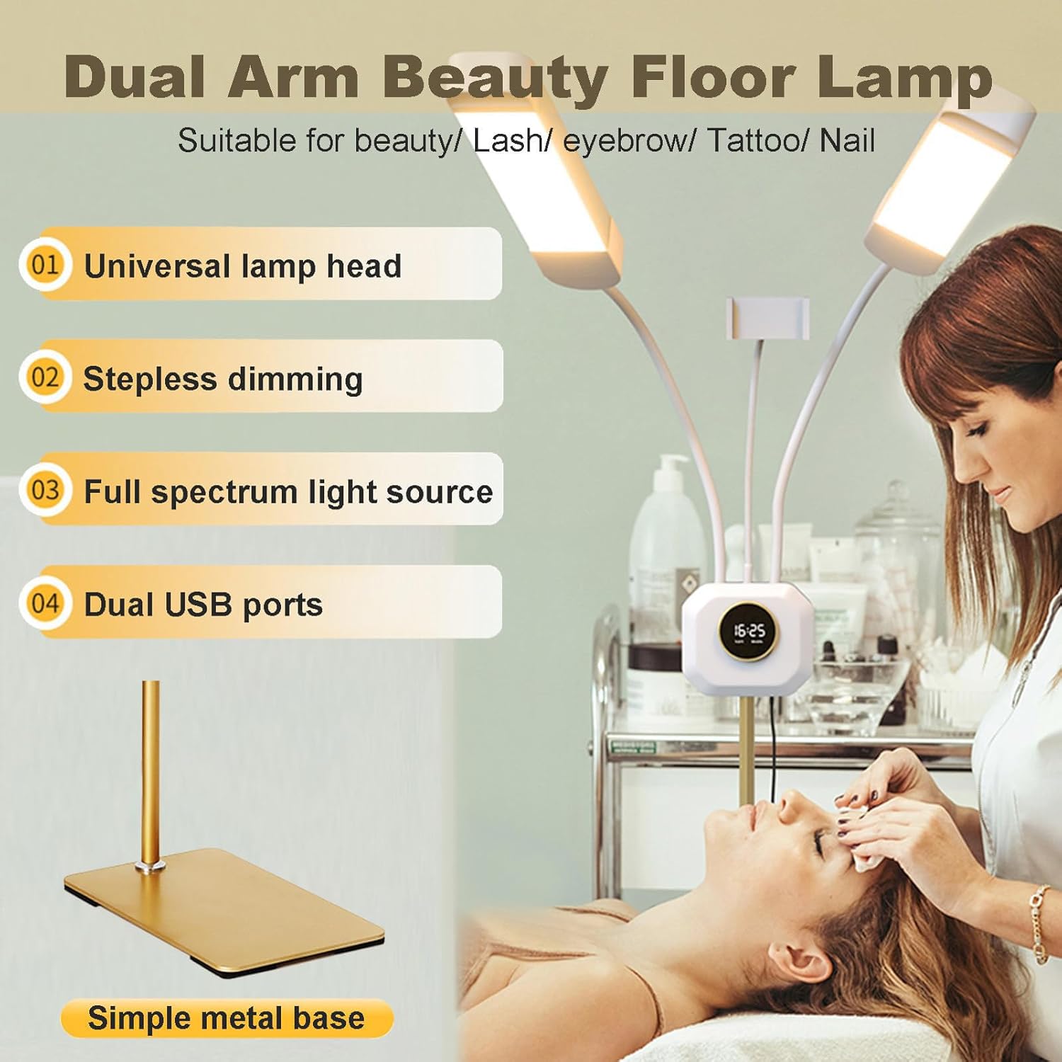 Beauty Fill Light - Dual-Head LED Floor Lamp with Stepless Dimming, Adjustable Height/Angle, Remote Control & LCD Screen, for Makeup, Eyelash Extensions,Video Recording Knob Digital Display Model