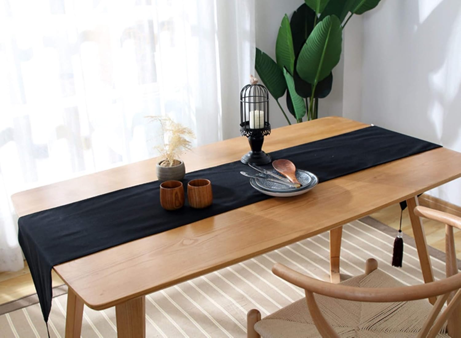 Decorative Table Runner,33x240CM,Simple Solid Color with Tassel Table Runner Decoration Cotton,Home Decor Table Runner Black