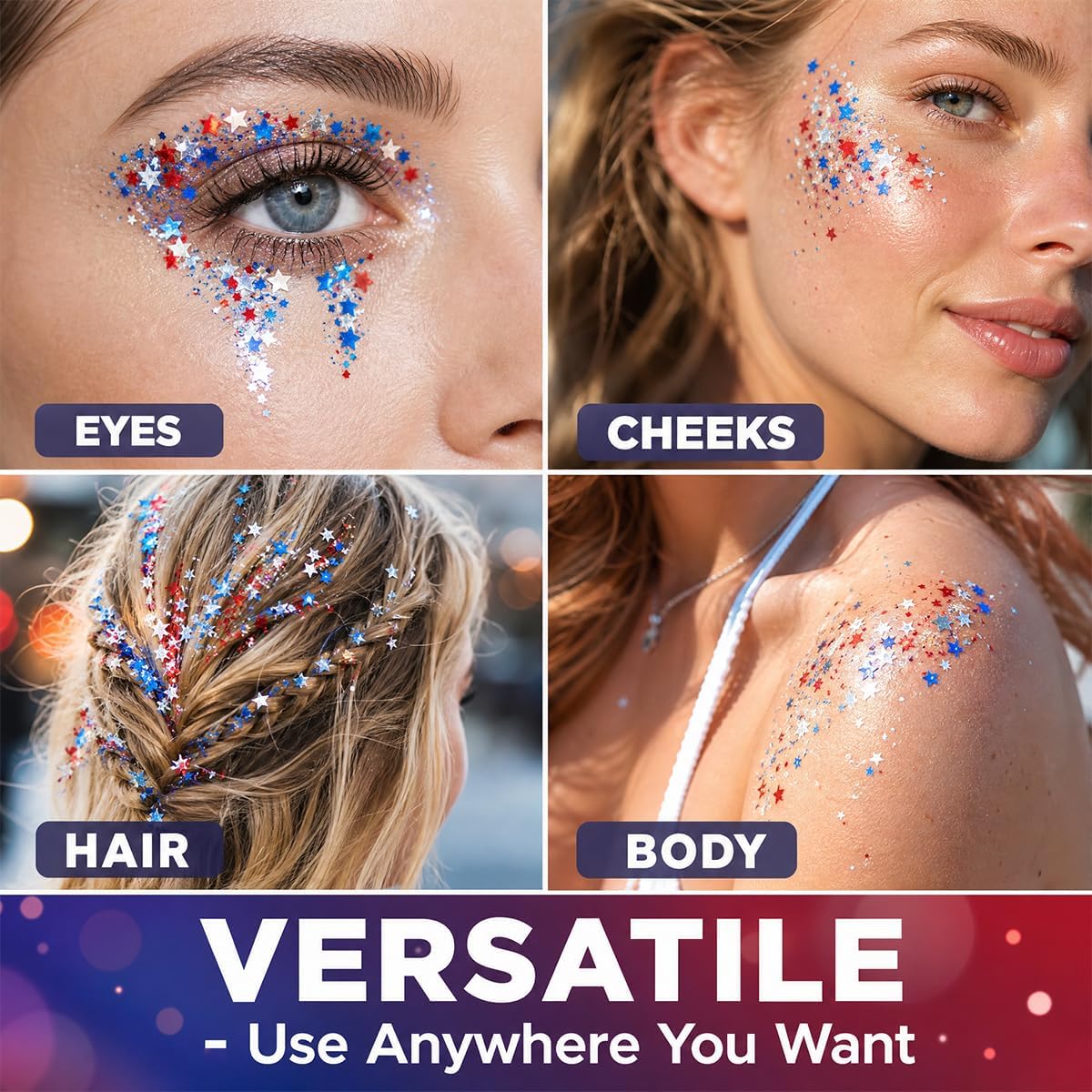 Patriotic Red White and Blue Glitter Stick 2 Pack, Face & Body Glitter Makeup for Women and Girls, Waterproof USA Flag Glitter for 4th of July, Memorial Day, Veterans Day & USA 250th Anniversary